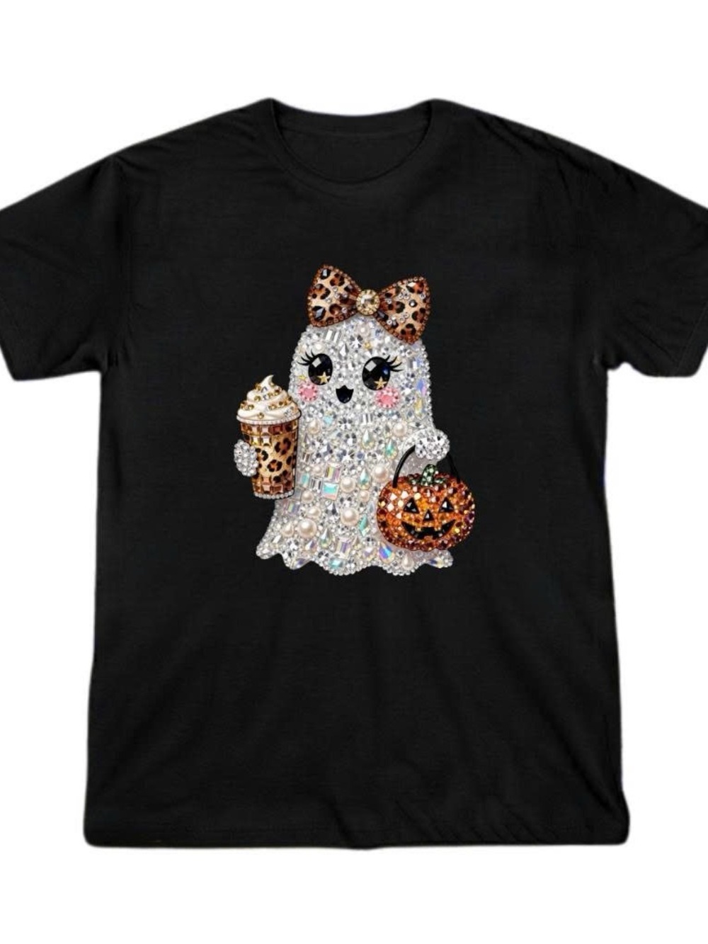 Black Halloween Ghost Pet Tee with Leopard Accents